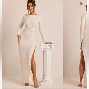Oh Polly Vienna Embellished Long Sleeve Backless Maxi Dress in White NWT
